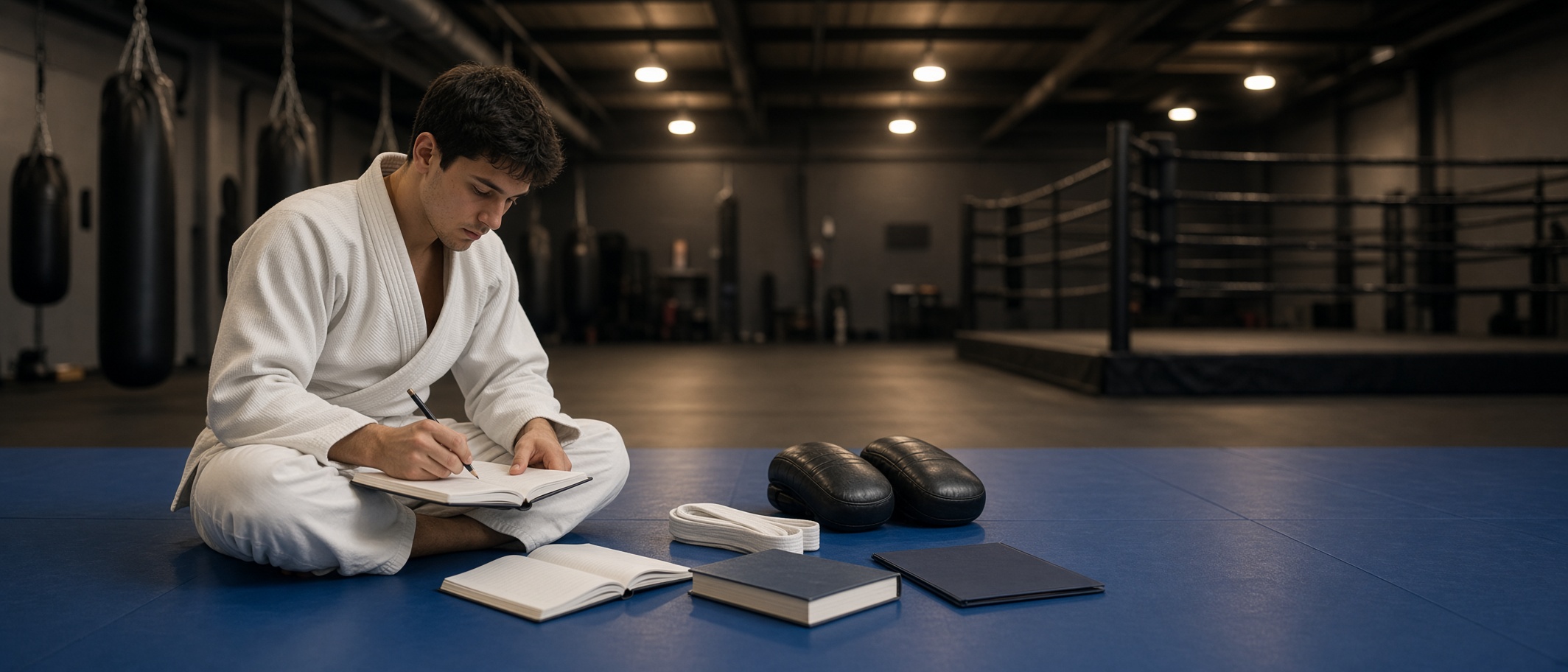 A student studies at the edge of the mat