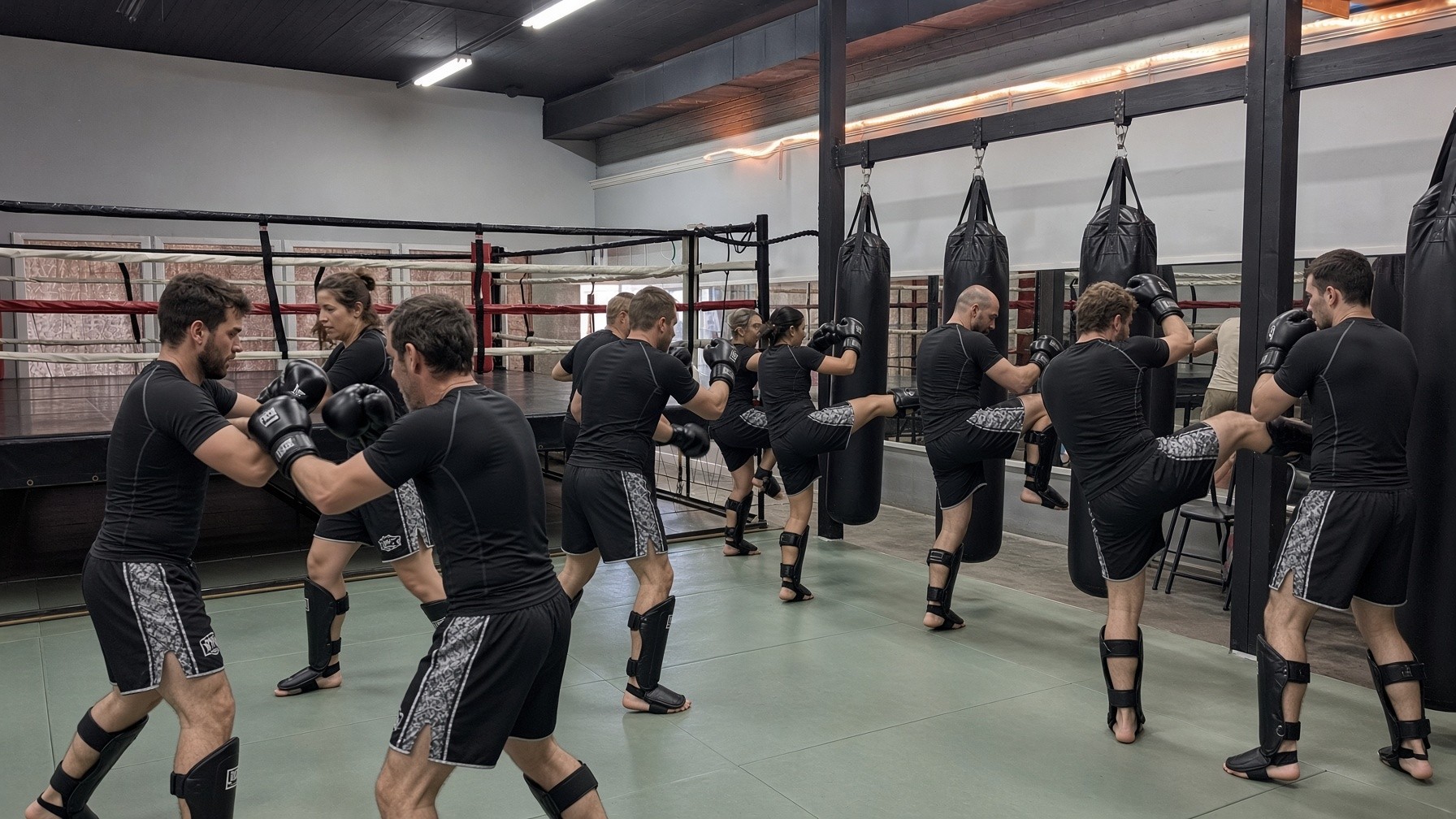 A mixed class kicking and punching heavy bags